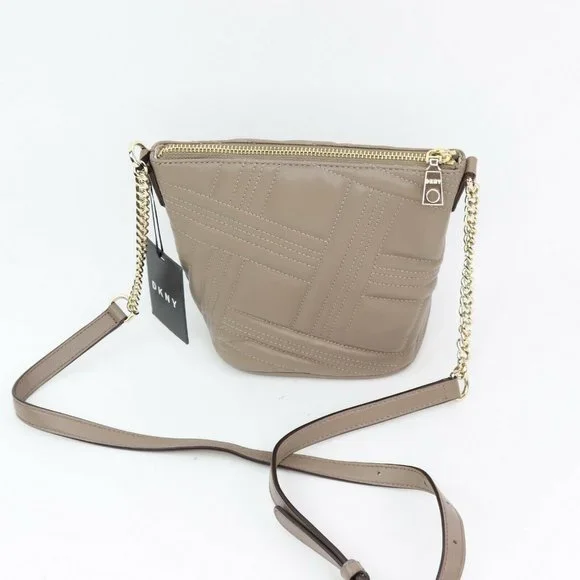 DKNY Allen Small Bucket Crossbody Bag Taupe Quilted Leather Gold Chain MSRP $198 - Picture 3 of 11